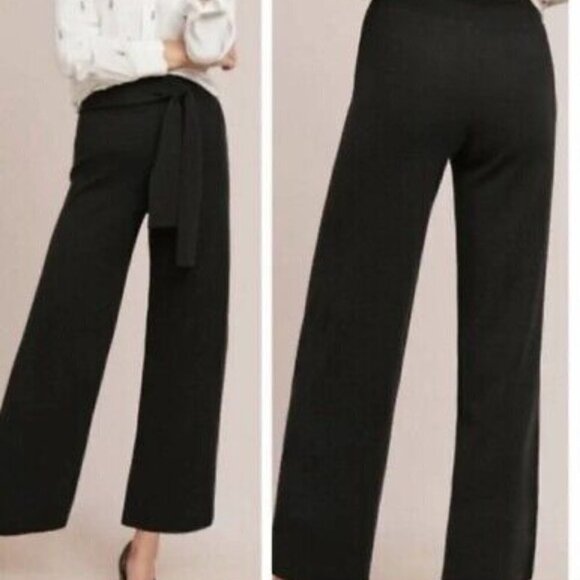 MOTH Anthropologie Black Wool Crop Wide Leg Belted Pants - Picture 2 of 6